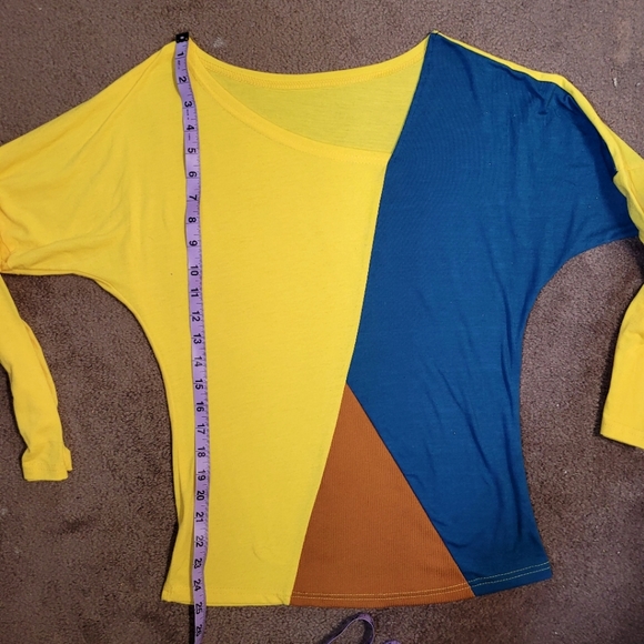 🌱 Vintage Mixed-media Colour Block Slub Top, 1980s Style, Geometry | M - Picture 4 of 6